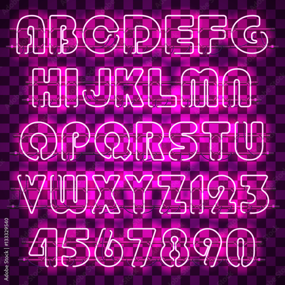Glowing purple alphabet with letters from A to Z and digits from 0 to 9. Glowing neon effect. Every letter is separate unit with wires, tubes and holders and can be combined with other.