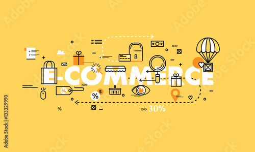 Word e-commerce flat line business vector illustration design banner. Concepts for online order and payment, e-commerce, delivery process, purchasing and online shopping for mobile and web graphics