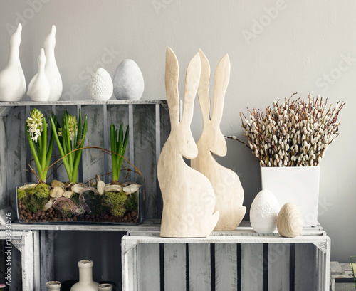 Photography Simple, modern Easter decoration with hyacinth bulbs and pussy willows