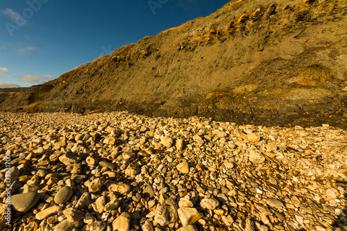 Stony beach and low sandstone cliff photo