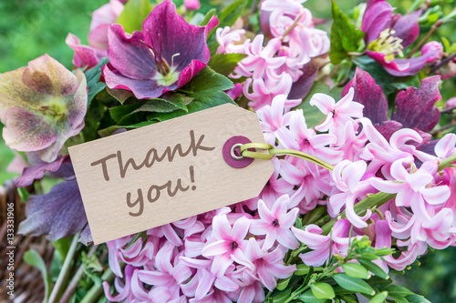 Thank you / English greeting card with hyacinths and the text: Thank you