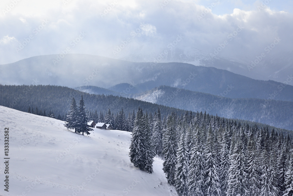 Dramatic commit of snow storm in mountain to little houses Dramatic commit of snow storm in mountain to little houses