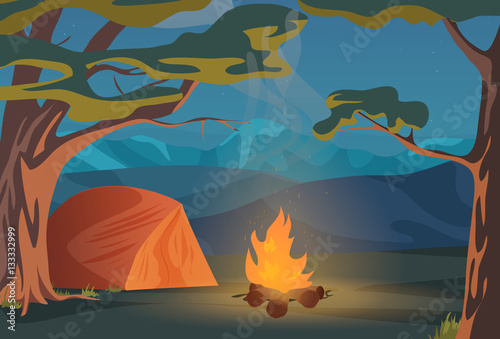 Climbing, Walking, Hiking or Sports outdoor camping recreation landscape, nature adventures vacation illustration. Wood in night.