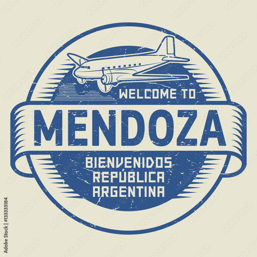 Stamp or tag with airplane text Welcome to Mendoza, Argentina