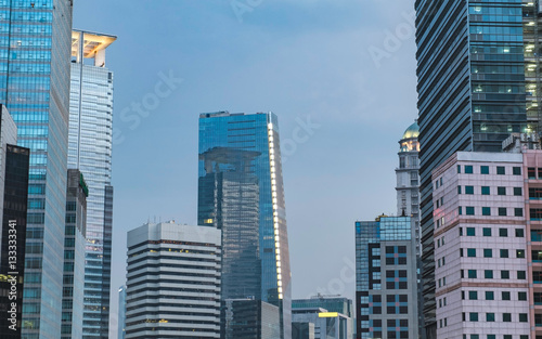 Group of modern skyscraper buildings. In the central business area in Sudirman street, Jakarta, Indonesia, captured in afternoon