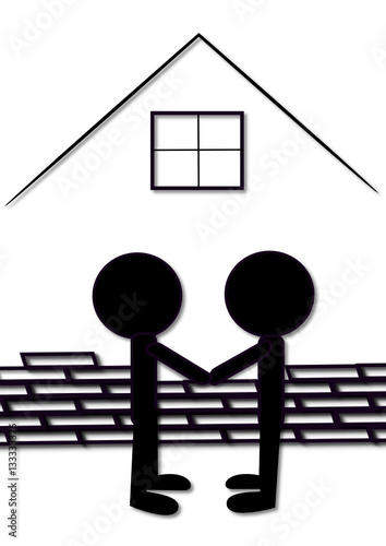 two people builds a house and shake hands for cooperation