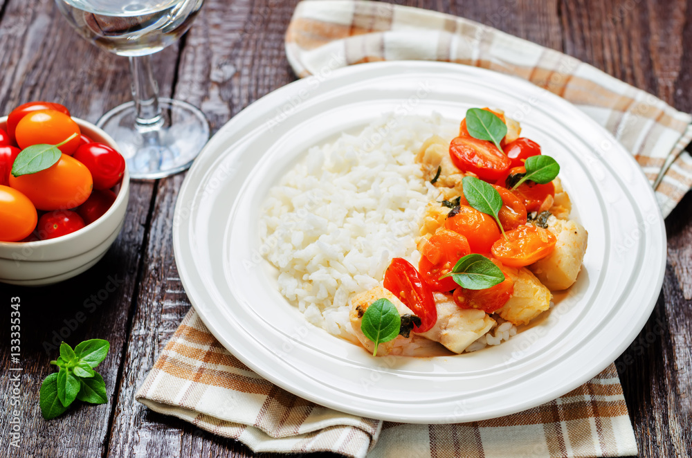 Tomato basil cod with rice Tomato basil cod with rice