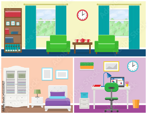 Interior – living room, bedroom, office place. Flat vector house design with furniture including armchair, window, cupboard, bed, wardrobe, bedside table, desk, laptop and lamps. Illustration.