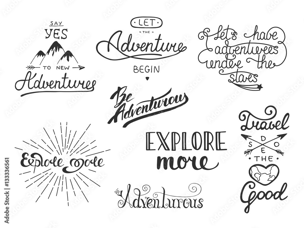 Set of adventure and travel vector hand drawn unique typography