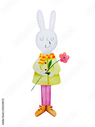 Cute rabbit with flower, waretcolor.
