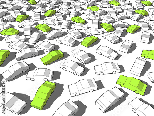 Green ecological cars standing out from others in giant traffic jam