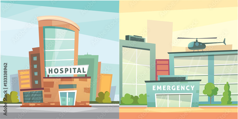 Set Hospital building cartoon modern vector illustration. Medical Clinic and city background. Emergency room exterior.