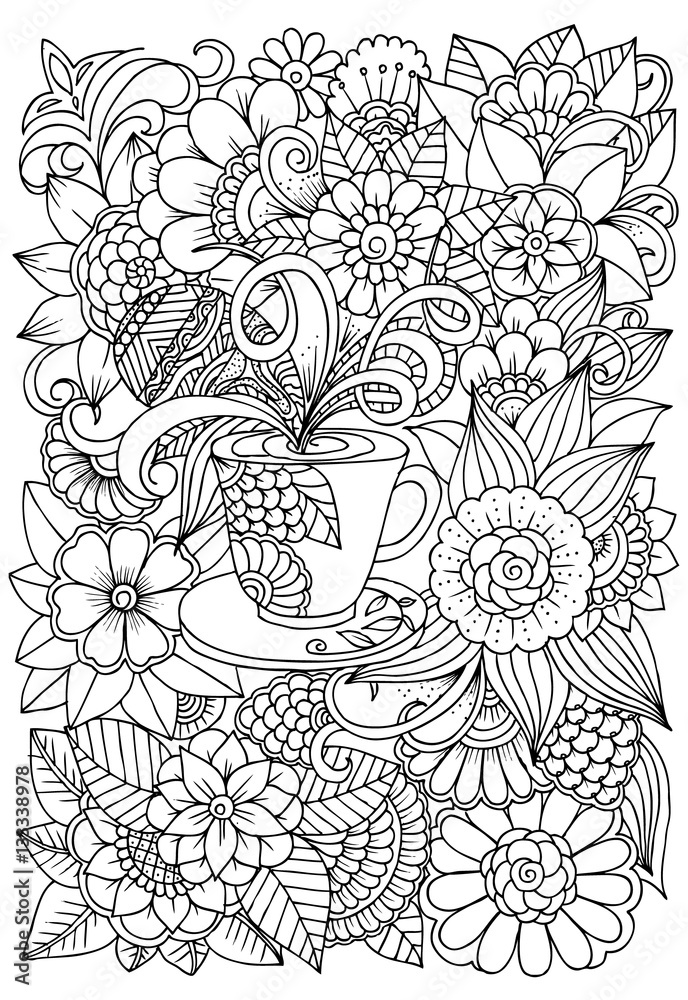Plakat Doodle drawing cup of herbal tea and beautiful flower
