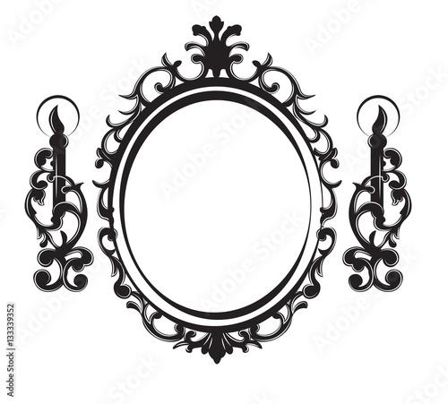 Vintage Frame with lamps. Baroque Mirror. Vector rich ornamented decor. French Luxury carved details. Vector Victorian wealthy Style structure