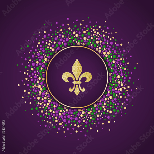 Mardi Gras holiday background. Round dotted frame with golden glitter fleur de lis. Vector template suitable for greeting cards, invitations, posters, prints. EPS10.