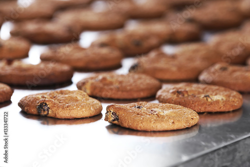 Production line of baking cookies, closeup
