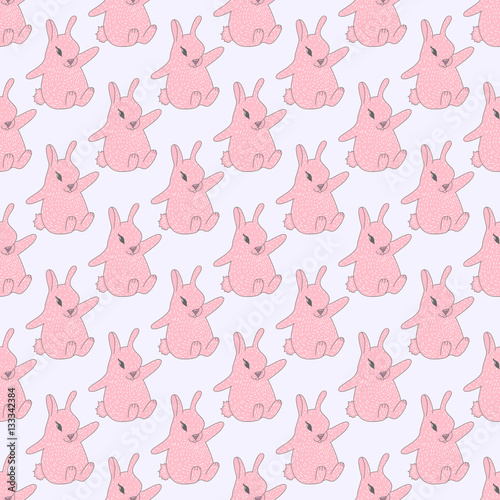 Pink rabbits sitting on a solid blue background. Hand drawn flat design seamless pattern