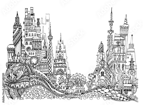 Modern city illustration with a lots of detailed buildings and trees