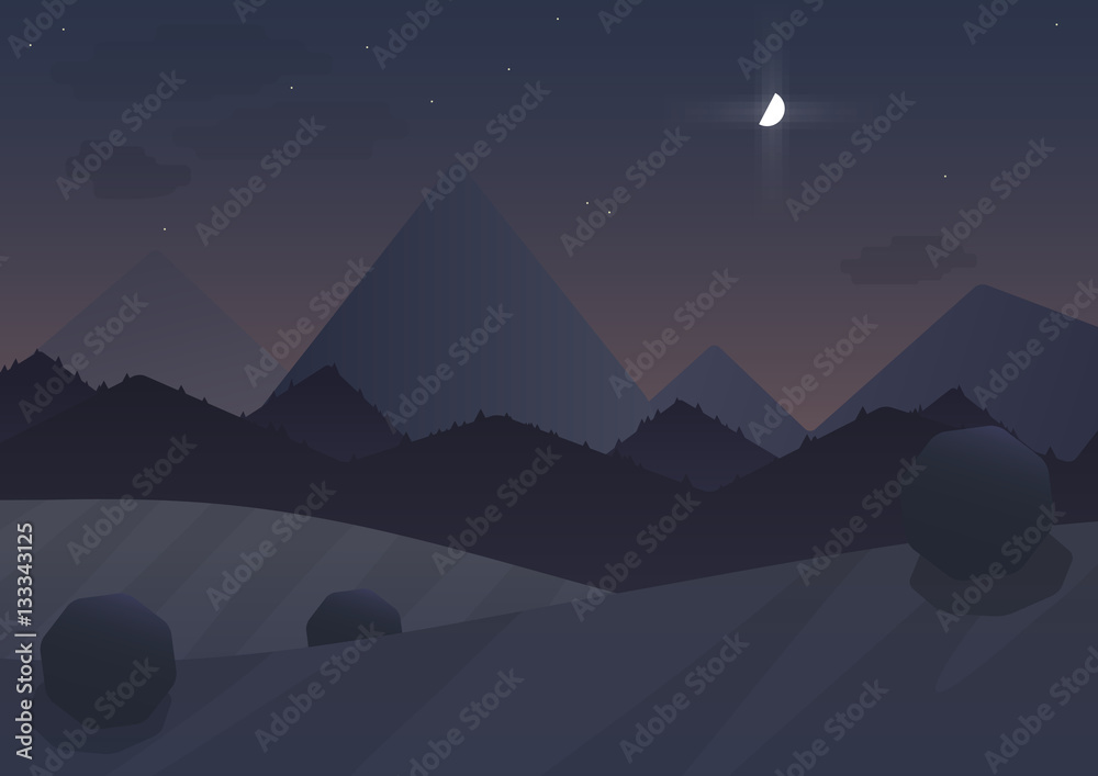 Night cartoon Mountain Landscape Background with trees and moon. Vector illustration.