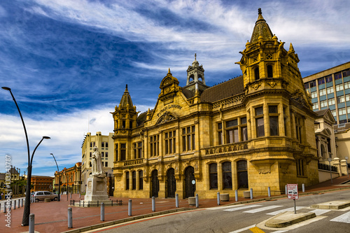 Republic of South Africa. Port Elizabeth. The Public Library built in the late Victorian style, marble statue of queen Victoria and the Market Square