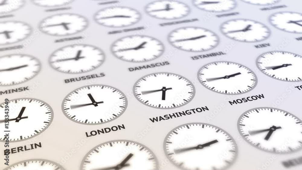 Round clocks are going and showing different time for different cities