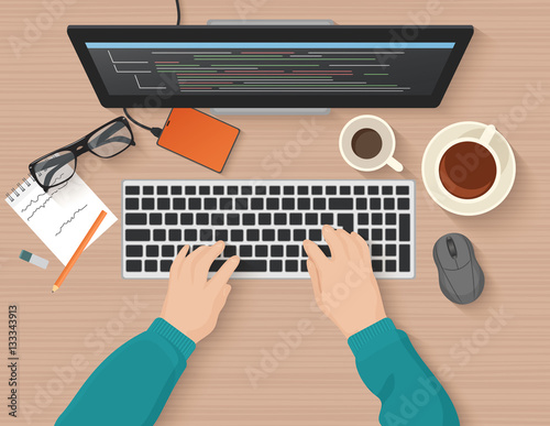 Developer working at computer. Programmer hands coding. Programming flat illustration concept. Vector top view.