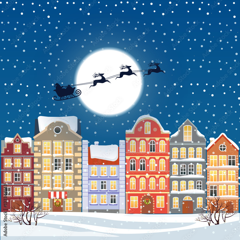 Santa flying through the night sky under the christmas old town illustration. Cartoon buildings background. City street at Winter. New Year greetings card.
