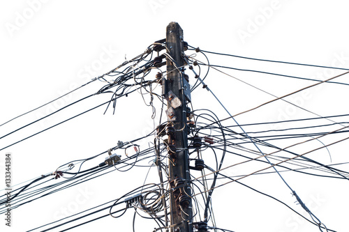 Tableau sur toile Wire assemblage a lot of cables and wires on pole in the city.