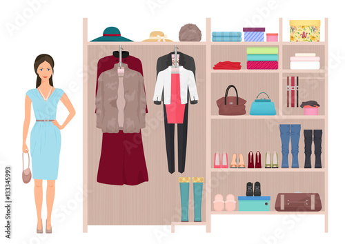 Beautiful fashion lady and women's wardrobe. Vector women's dressing room design. Clothes and shoes on hangers.