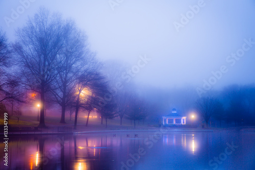 Beautiful foggy landscape at lake pond on misty winter night with illuminated lights 