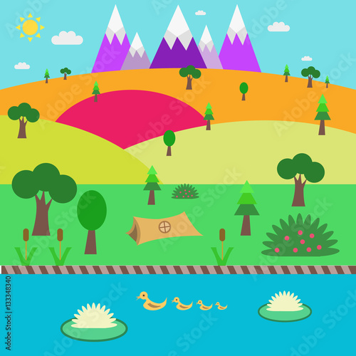 Flat design nature landscape illustration with sun, hills ,clouds,mountain,ducks,camp.