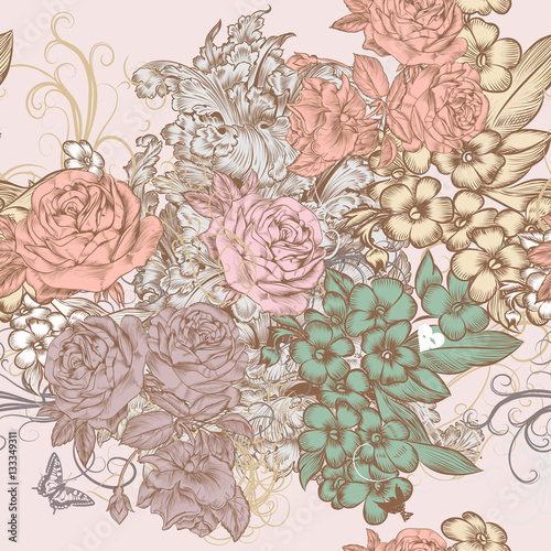Floral decorative pattern with roses in retro style