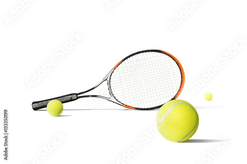 Tennis balls and racquet isolated the white background