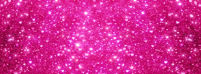 Panorama Heart-shaped glitter and bokeh light on pink sweet background color.
