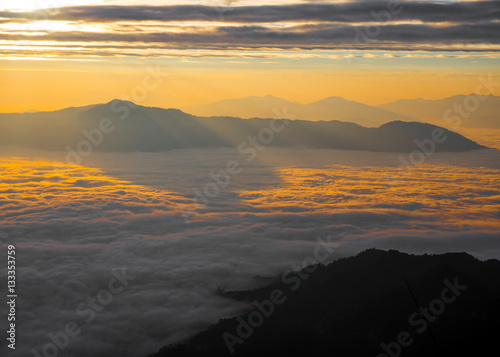 Sunrise landscape of foggy and cloudy mountain valley, Doi Pha Tang chiang rai thailand