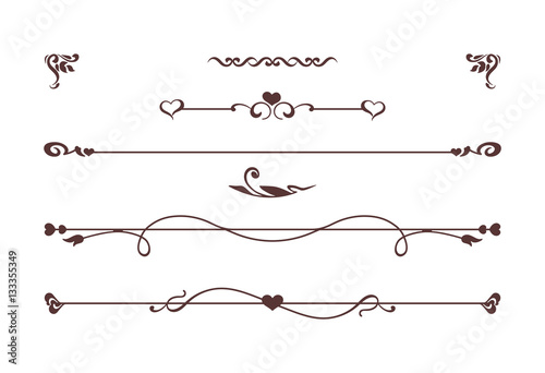Vintage dividers, border with roses, flowers, love symbols. Vector card. Invitation to the celebration of wedding or Saint Valentines Day