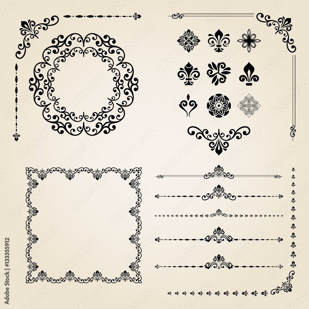 Vintage set of elements. Different elements for decoration and design frames, cards, menus, backgrounds and monograms. Collection of floral ornaments
