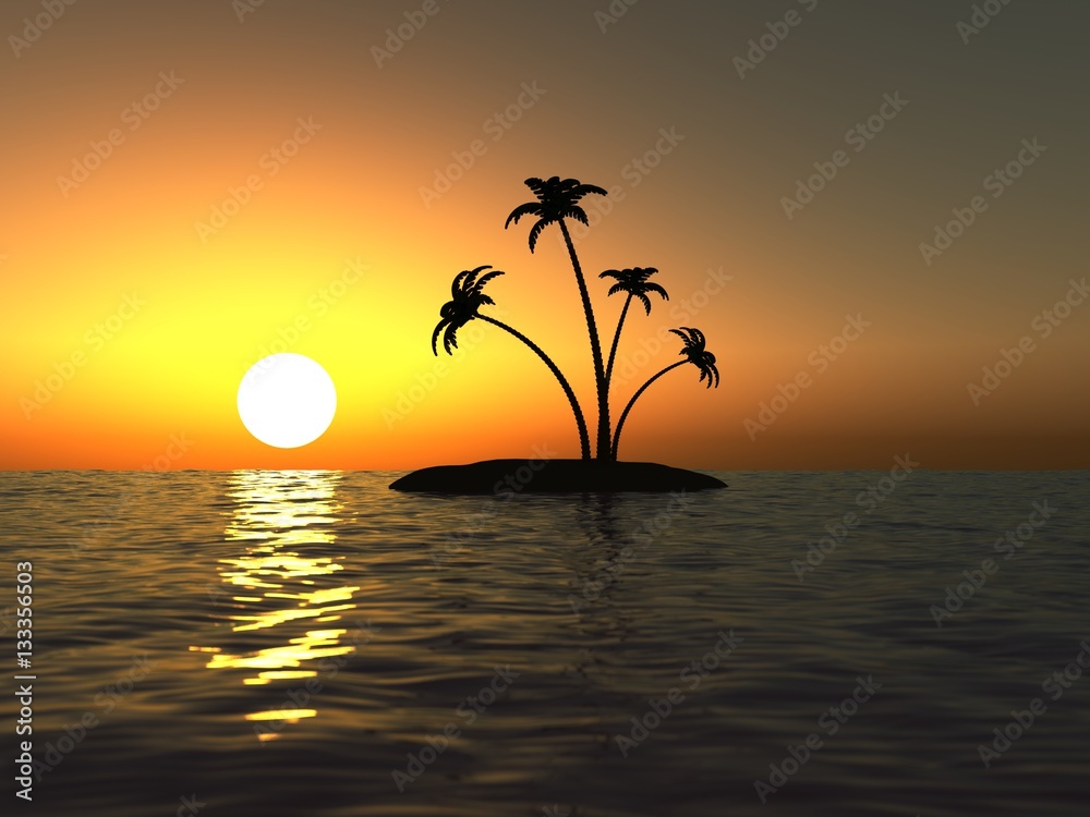 Sunset in the ocean and the desert island with palms Sunset in the ocean and the desert island with palms
