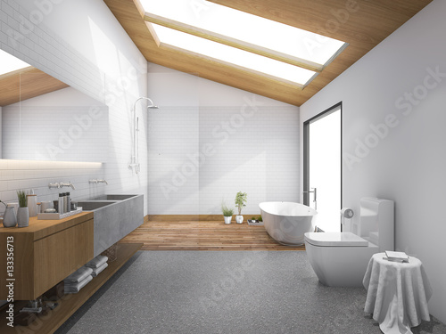 3d rendering skylight wood roof with modern design bathroom and toilet photo