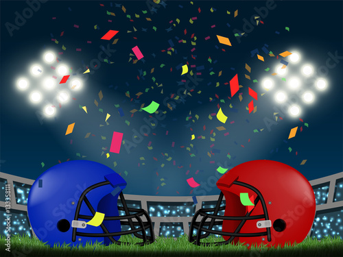 Blue vs red helmet for competition of American football in stadium and spotlight in vector illustration
