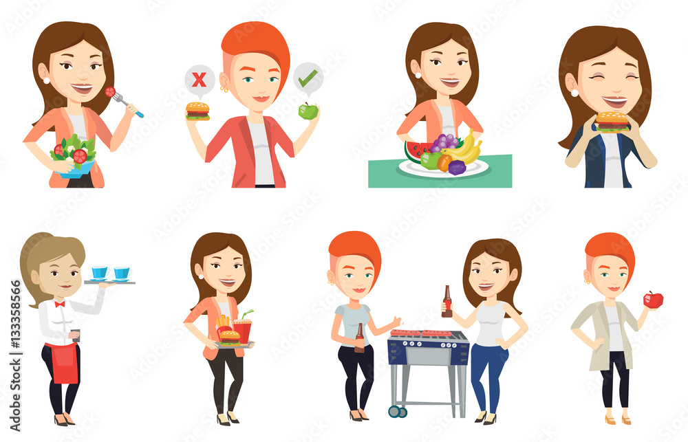 Vector set of people eating and drinking. Vector set of people eating and drinking.