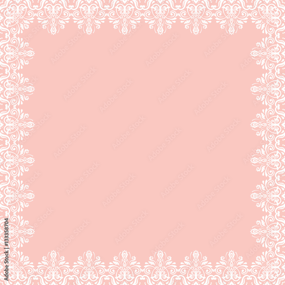 Classic square frame with arabesques and orient elements. Abstract fine ornament with place for text. Pink and white pattern Classic square frame with arabesques and orient elements. Abstract fine ornament with place for text. Pink and white pattern