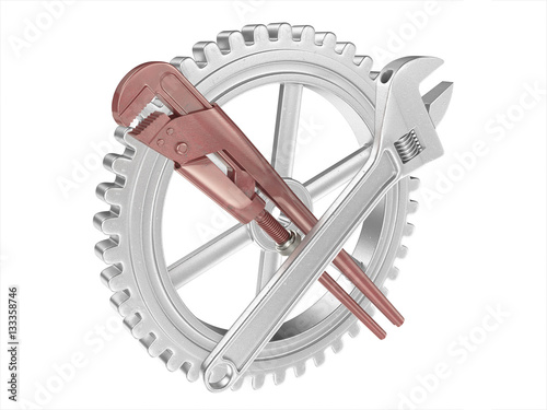 Spanners with gear on white background. 3D image photo