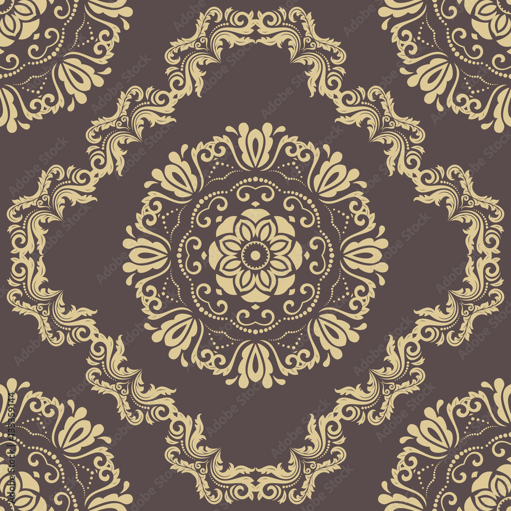 Seamless damask pattern. Traditional classic orient ornament. Brown and golden pattern