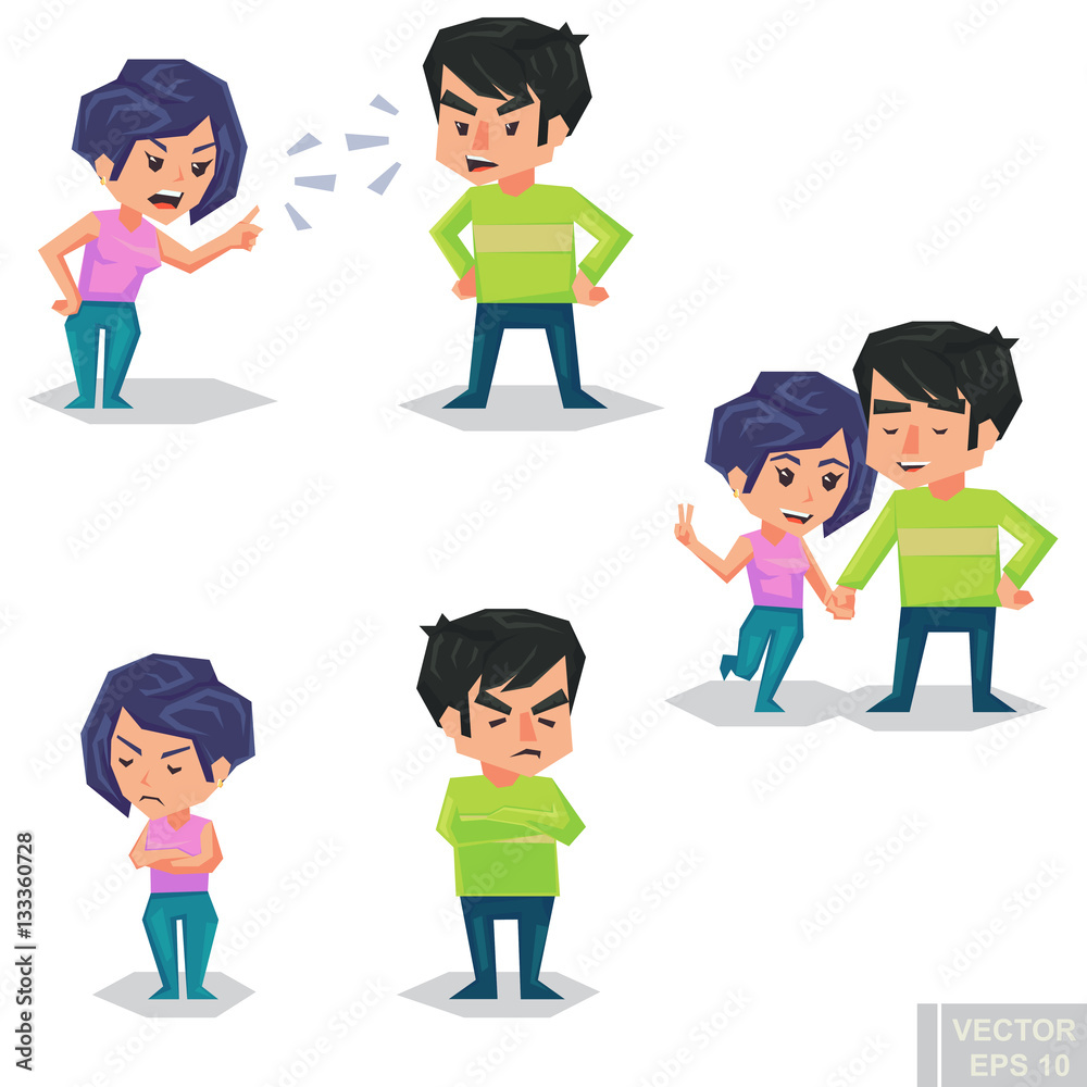 Couple man and woman characters quarrel turning their back to each other, concept in conflict, angry, arguing, breakdown, or divorce lover hate love. Vector flat cartoon illustration Couple man and woman characters quarrel turning their back to each other, concept in conflict, angry, arguing, breakdown, or divorce lover hate love. Vector flat cartoon illustration