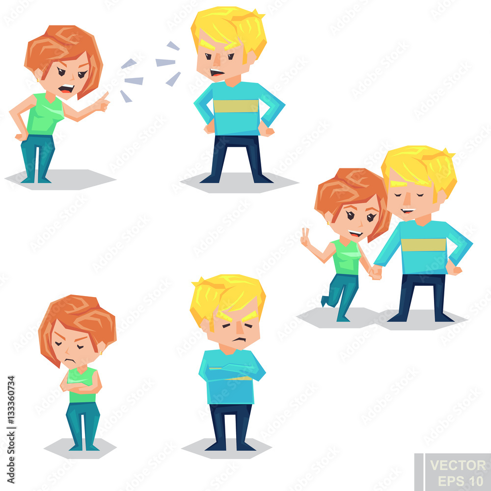 Couple man and woman characters quarrel turning their back to each other, concept in conflict, angry, arguing, breakdown, or divorce lover hate love. Vector flat cartoon illustration Couple man and woman characters quarrel turning their back to each other, concept in conflict, angry, arguing, breakdown, or divorce lover hate love. Vector flat cartoon illustration