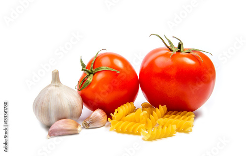Italian food cooking ingredients. Pasta, tomatoes, peppers. Top view with copy space