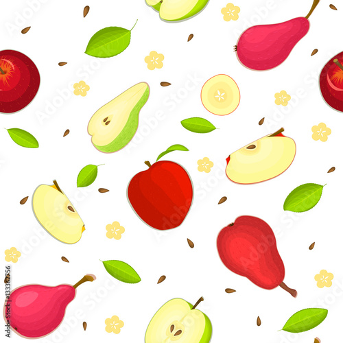 Fototapeta Naklejka Na Ścianę i Meble -  Seamless vector pattern of ripe apple and pear fruit. White background with delicious juicy pears and apples slice half leaves. Vector fresh fruit Illustration for printing on fabric, textile design