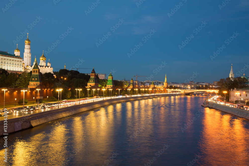 Moskva River and Kremlevskaya Embankment late September evening