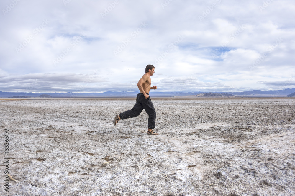 Running across a white desert